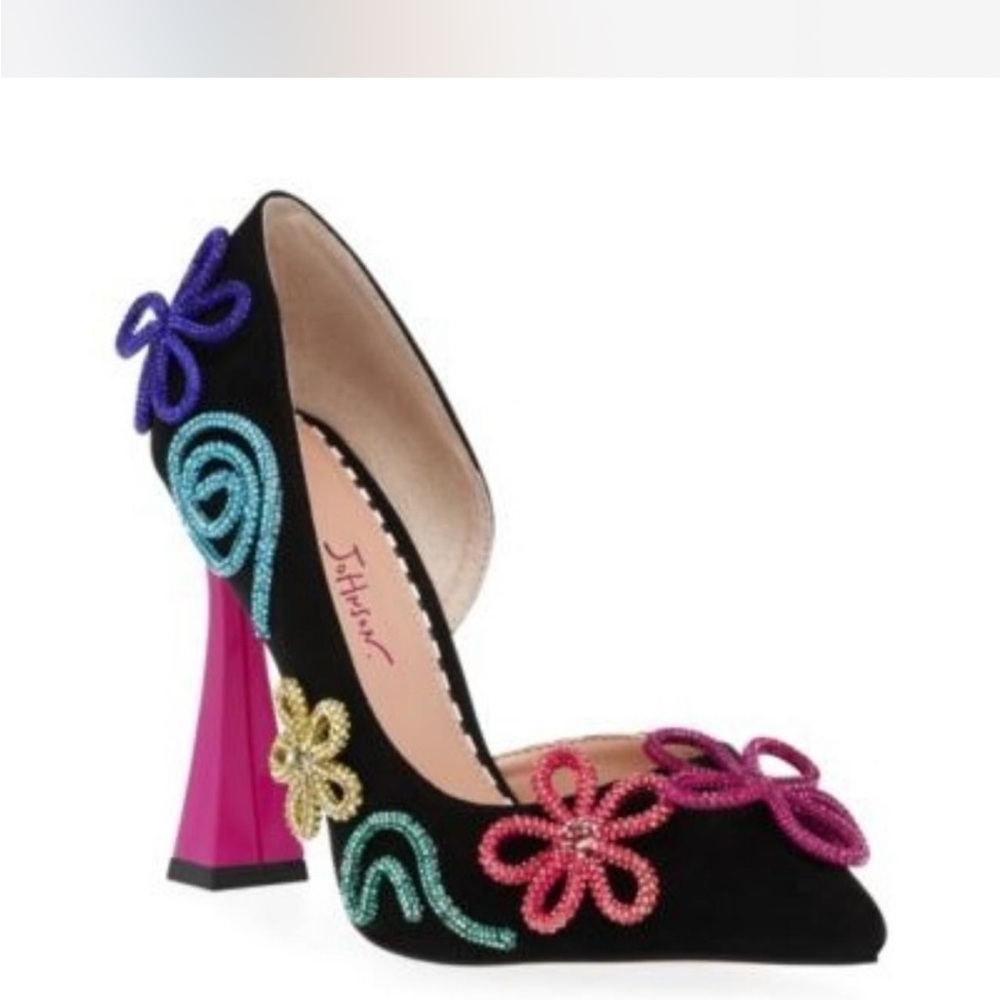 Betsey Johnson Black Heels with Colorful Floral Embellishments